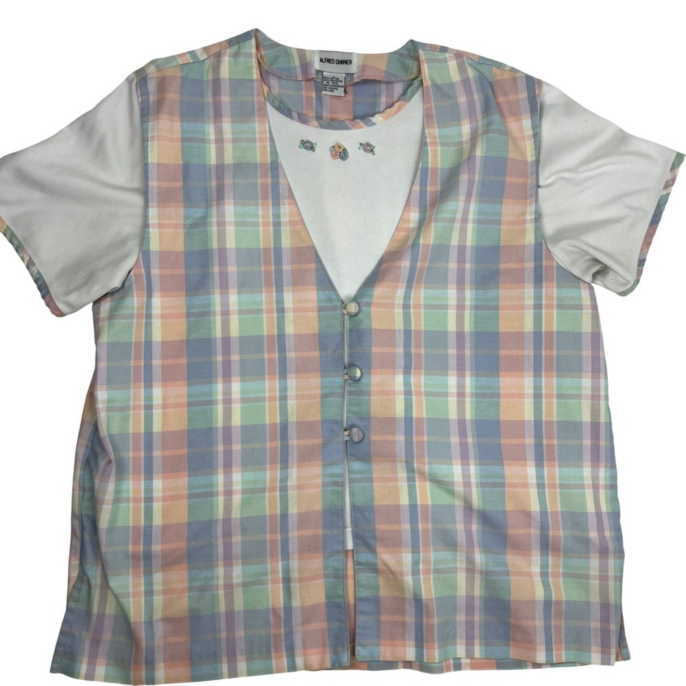Alfred Dunner Pastel Plaid Layered Faux Vest Top Grandmacore Large Easter Spring
